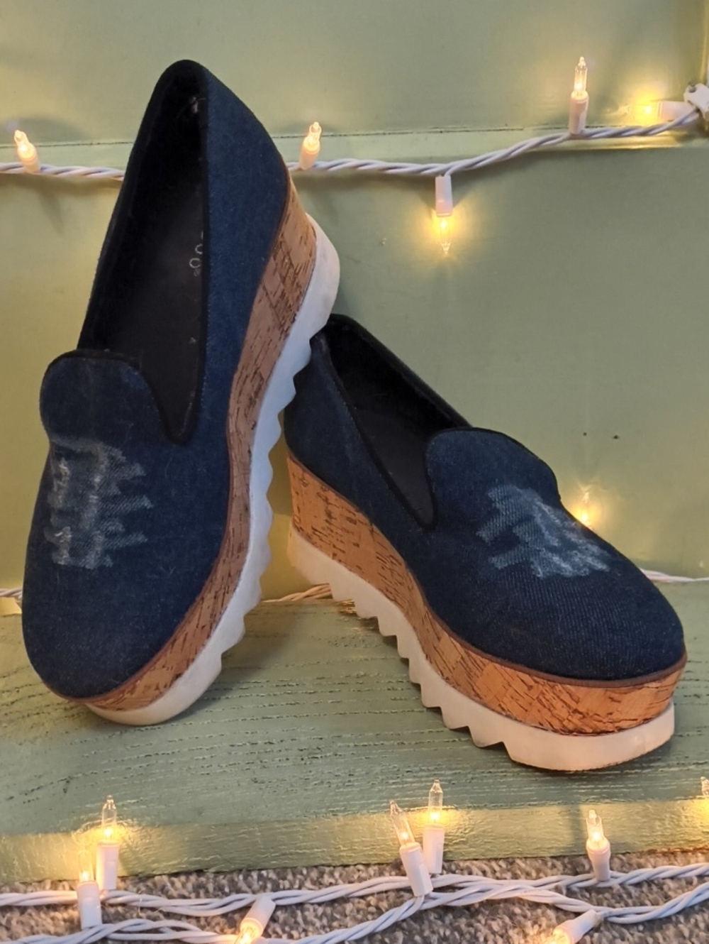 Women's Bamboo Distressed Denim Cork Platform Loafer 8